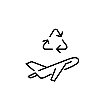 Airplane and recycling arrows. Sustainable travel habits, reducing waste and reusing resources. Pixel perfect, editable stroke vector iconのイラスト素材
