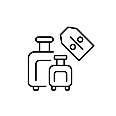 Suitcases and discount price tag. Group travel deals, savings on flights, hotels and trips. Pixel perfect, editable stroke vector iconのイラスト素材