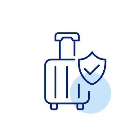 Travel insurance. Luggage lost and trip cancellation. Safe flights. Wheeler suitcase and insurance shield. Pixel perfect, editable stroke vector iconのイラスト素材