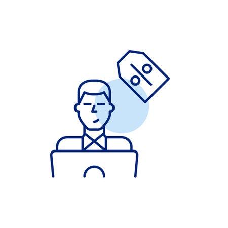 Man at laptop and discount price tag. Virtual sales, special deals for online shopping. Pixel perfect, editable stroke vector iconのイラスト素材