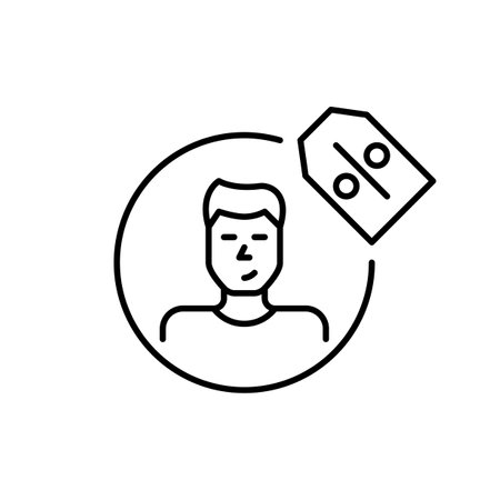 Young man profile picture with discount price tag. Special deals available to registered or loyal users. Account savings. Pixel perfect, editable stroke vector iconのイラスト素材
