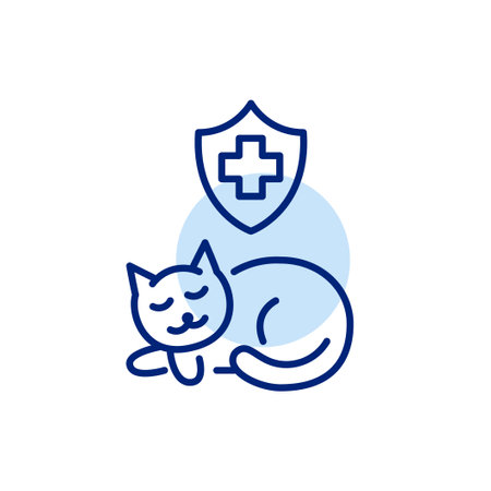 Sleeping cat and health insurance shield. Calm and protected, relaxation and the assurance of health protection. Pixel perfect, editable stroke vector iconのイラスト素材