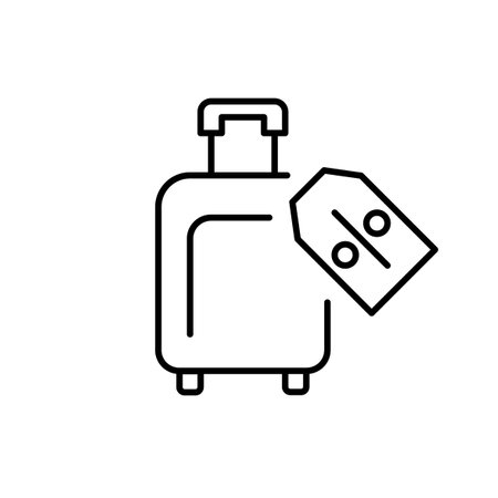 Wheeler suitcase and discount price tag. Savings on travel expenses or discounted travel packages. Affordable flight tickets. Pixel perfect, editable stroke vector iconのイラスト素材