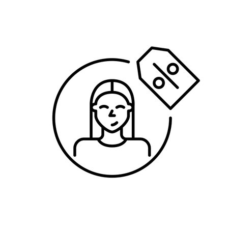 Woman profile picture with discount price tag. Special deals available to registered or loyal users. Account savings. Pixel perfect, editable stroke vector iconのイラスト素材