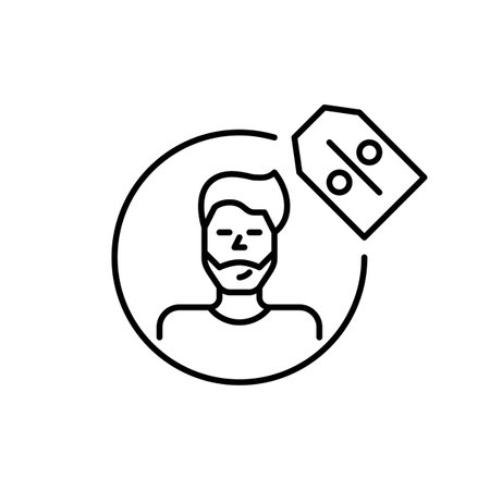 Man profile picture with discount price tag. Special deals available to registered or loyal users. Account savings. Pixel perfect, editable stroke vector iconのイラスト素材