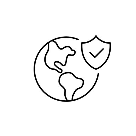Earth and security shield with checkmark. Environment protection, global insurance. Pixel perfect vector iconのイラスト素材