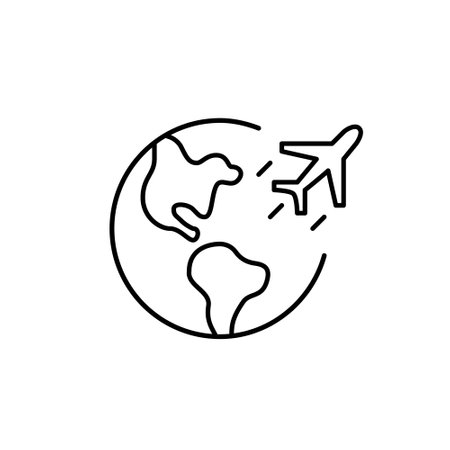 Earth and airplane. Global travel, international flights. Pixel perfect, editable stroke vector iconのイラスト素材