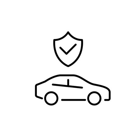 Car and shield with checkmark. Driving safely under insurance coverage. Pixel perfect, editable stroke vector iconのイラスト素材