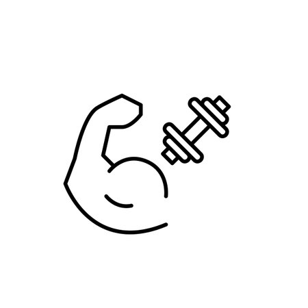 Biceps curl and dumbbell. Strength and power training, health and wellbeing related activities. Pixel perfect, editable stroke vector iconのイラスト素材
