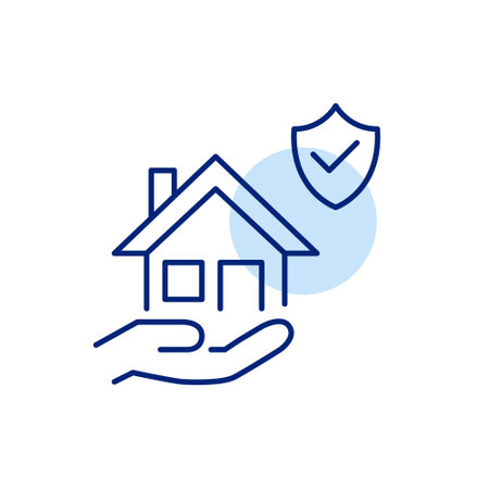 House in hand and security shield. Home protection through insurance or safety systems. Pixel perfect, editable stroke vector iconのイラスト素材