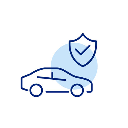 Car and insurance shield with checkmark. Road protection and assistance, safe driving. Pixel perfect, editable stroke vector iconのイラスト素材