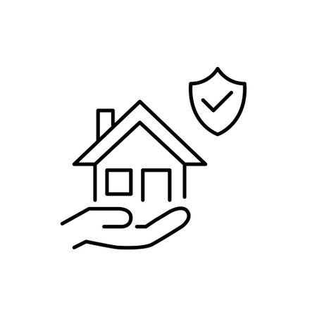 House in hand and security shield. Home protection through insurance or safety systems. Pixel perfect, editable stroke vector iconのイラスト素材