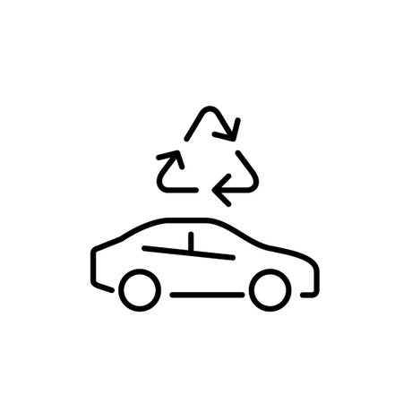 Car and recycling symbol. Sustainable eco-friendly transportation, reducing emission and use of green energy sources. Pixel perfect, editable stroke vector iconのイラスト素材