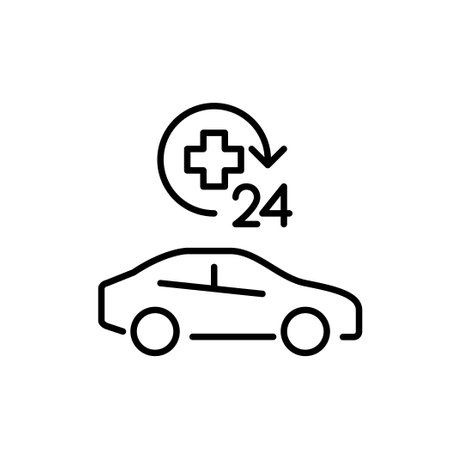 24 hour medical assistance for car driving. Vehicle insurance with health coverage. Medical cross and car. Pixel perfect, editable stroke vector iconのイラスト素材