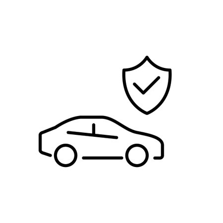 Car and insurance shield with checkmark. Road protection and assistance, safe driving. Pixel perfect, editable stroke vector iconのイラスト素材