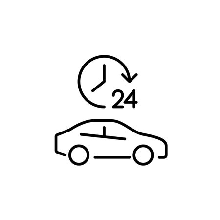 Car and 24 hour clock. 24 hour road assistance, car rent and constant mobility. Pixel perfect, editable stroke vector iconのイラスト素材