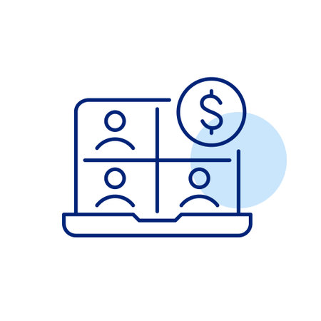 Video meeting on laptop and dollar symbol. Freelance collaboration, remote work payment. Pixel perfect, editable stroke vector iconのイラスト素材