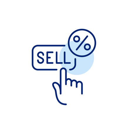 A finger clicking the sell button, with a percent symbol. Percentage of revenue or profit from the transaction. Pixel perfect, editable stroke vector iconのイラスト素材