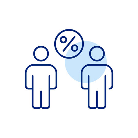 Two people and percent symbol. Percentage-based discount or promotional offer. Share earnings, mutual interest. Pixel perfect, editable stroke vector iconのイラスト素材