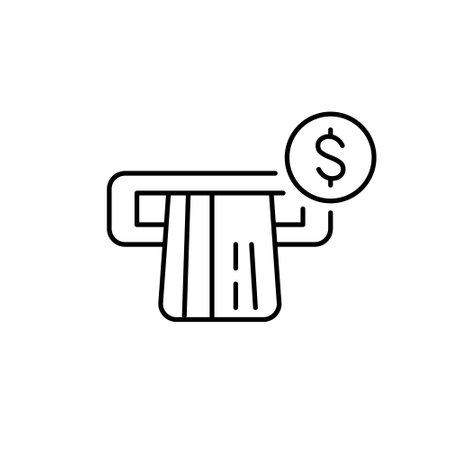 Credit card in ATM and dollar symbol. Cash advance, money withdrawal. Financial transactions. Pixel perfect, editable stroke vector iconのイラスト素材