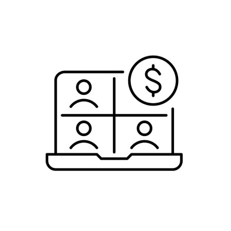 Video meeting on laptop and dollar symbol. Freelance collaboration, remote work payment. Pixel perfect, editable stroke vector iconのイラスト素材