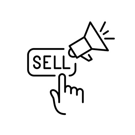 Finger clicking on sell button and megaphone. Engages sales, public announcement. Digital marketing tools. Pixel perfect, editable stroke vector iconのイラスト素材