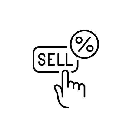 A finger clicking the sell button, with a percent symbol. Percentage of revenue or profit from the transaction. Pixel perfect, editable stroke vector iconのイラスト素材