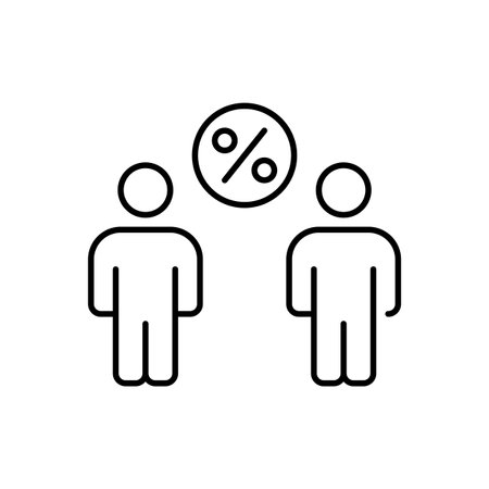 Two people and percent symbol. Percentage-based discount or promotional offer. Share earnings, mutual interest. Pixel perfect, editable stroke vector iconのイラスト素材