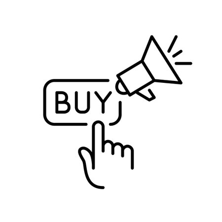 Finger clicking on buy button and megaphone. Engages sales, public announcement. Digital marketing tools. Pixel perfect, editable stroke vector iconのイラスト素材