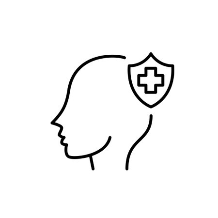 Human head and medical insurance shield. Psychotherapy included in health plan. Pixel perfect, editable stroke vector iconのイラスト素材