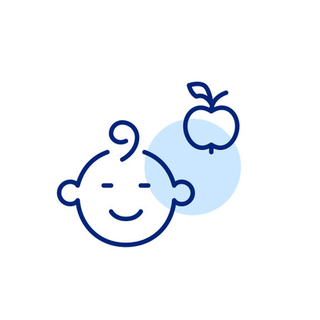 Baby face and apple. Healthy infant diet. Organic fruit and nourishment. Pixel perfect, editable stroke vector iconのイラスト素材