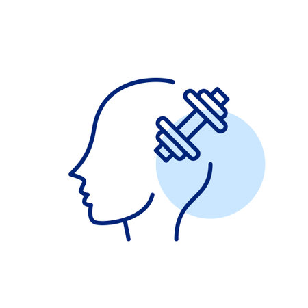 Person head and dumbbell. Mentoring and coaching. Brain fitness and improving cognitive abilities. Pixel perfect, editable stroke vector iconのイラスト素材