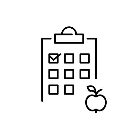 Apple and checklist on clipboard. Healthy nutrition tracker. Diet management and grocery shopping. Pixel perfect, editable stroke vector iconのイラスト素材