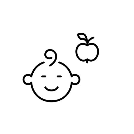 Baby face and apple. Healthy infant diet. Organic fruit and nourishment. Pixel perfect, editable stroke vector iconのイラスト素材
