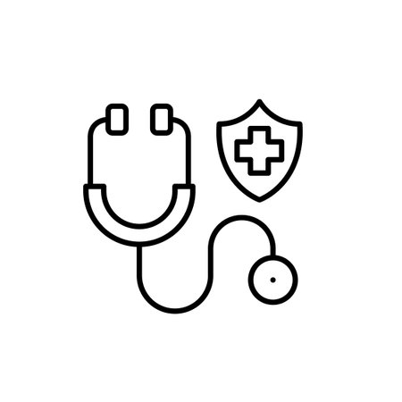 Stethoscope and shield with cross. Health insurance, family doctor and checkup. Pixel perfect, editable stroke vector iconのイラスト素材