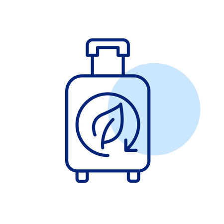 Wheeler suitcase and leaf in recycling arrow. Eco-conscious travel, sustainable material reuse. Pixel perfect, editable stroke vector iconのイラスト素材
