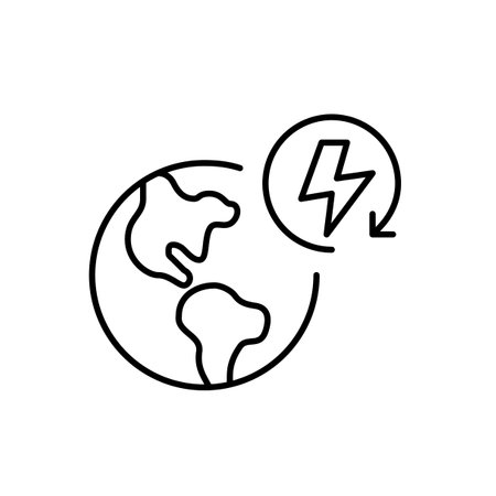 Earth and lightning bolt in renew arrow. Clean energy, renewable sources for sustainable economy. Pixel perfect, editable stroke vector iconのイラスト素材