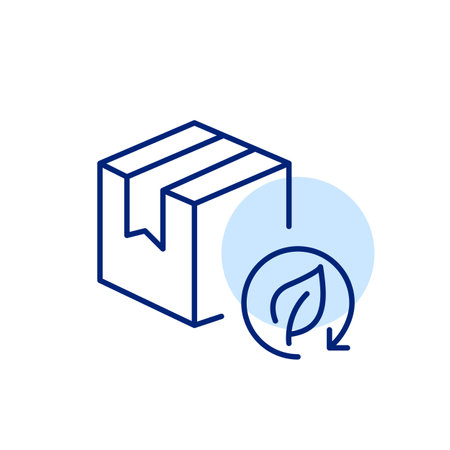 Delivery package and green leaf in recycling arrow. Sustainable design and responsible consumption. Eco-friendly shipping. Pixel perfect, editable stroke vector iconのイラスト素材