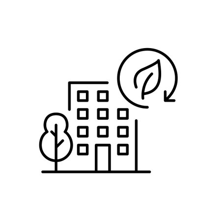 Apartment building, tree and eco symbol. Leaf in renew arrow. Sustainable city, global renewal energy and clean living. Pixel perfect, editable stroke vector iconのイラスト素材