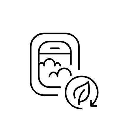 Airplane window view with clouds and leaf in recycling arrows. Sustainable aviation, green flight, using biofuel. Pixel perfect, editable stroke vector iconのイラスト素材