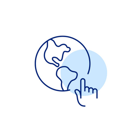 Finger clicking on Earth. Global care, sustainable living and eco responsibility. Pixel perfect, editable stroke vector iconのイラスト素材