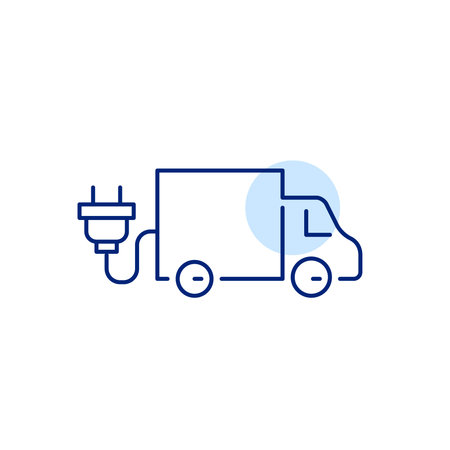 EV charging station with delivery truck plugged to it. Green energy choices. Pixel perfect, editable stroke vector iconのイラスト素材