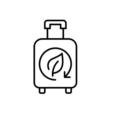 Wheeler suitcase and leaf in recycling arrow. Eco-conscious travel, sustainable material reuse. Pixel perfect, editable stroke vector iconのイラスト素材