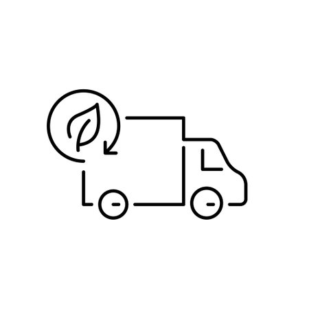 Delivery truck and eco symbol. Plant leaf in recycling arrow. Green logistics and sustainable shipping solutions. Pixel perfect, editable stroke vector iconのイラスト素材