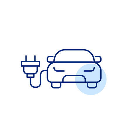 Car and electric plug. EV charging station. Green mobility, lowering exhaust. Pixel perfect, editable stroke vector iconのイラスト素材