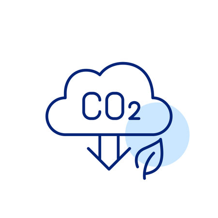 Cloud, CO2, arrow down and leaf. Lighter environmental footprint and carbon emission reduction. Pixel perfect, editable stroke vector iconのイラスト素材
