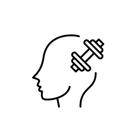 Person head and dumbbell. Mentoring and coaching. Brain fitness and improving cognitive abilities. Pixel perfect, editable stroke vector iconのイラスト素材
