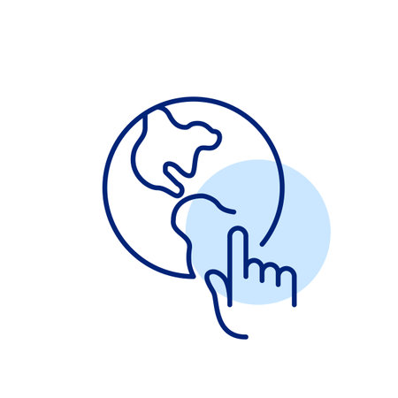 Hand and Earth. Global care, human effort in preserving and nurturing the planet. Pixel perfect, editable stroke vector iconのイラスト素材