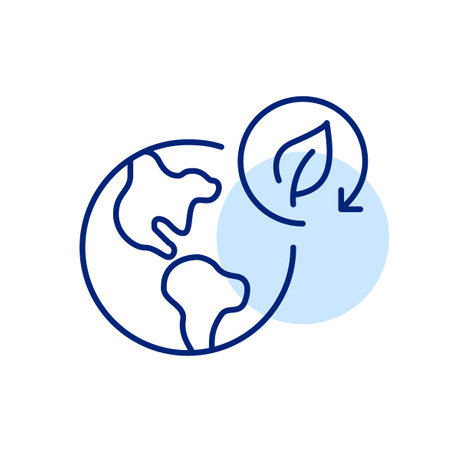 Earth and leaf in renew arrow. Global responsibility in environmental care. Pixel perfect, editable stroke vector iconのイラスト素材