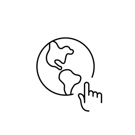 Finger clicking on Earth. Global care, sustainable living and eco responsibility. Pixel perfect, editable stroke vector iconのイラスト素材